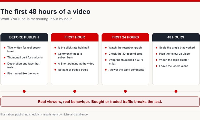 Timeline checklist covering the period before publishing, the first hour, the first 24 hours and 48 hours