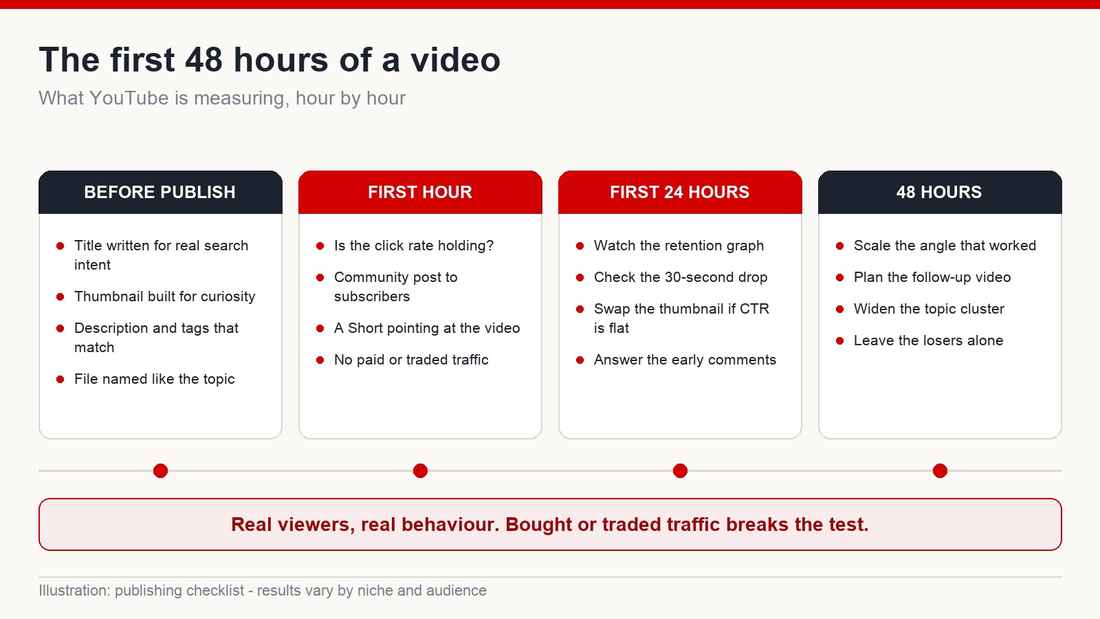 Timeline checklist covering the period before publishing, the first hour, the first 24 hours and 48 hours