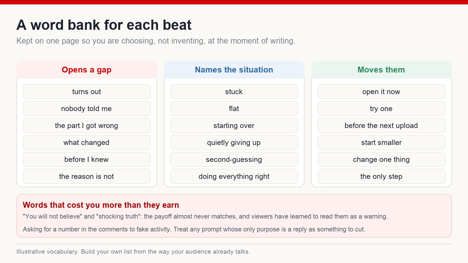 A word bank with vocabulary for each of the three beats - opening a gap, naming the situation and moving the viewer - plus a panel of phrases that cost more trust than they earn