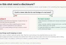 A decision diagram asking whether a viewer could take a shot for real footage of a real event, with what to disclose on one side and what needs no label on the other