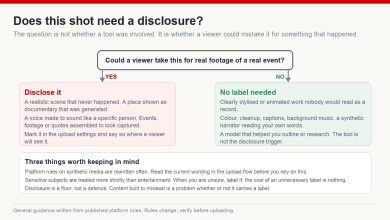 A decision diagram asking whether a viewer could take a shot for real footage of a real event, with what to disclose on one side and what needs no label on the other