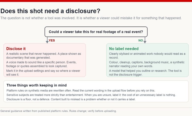 A decision diagram asking whether a viewer could take a shot for real footage of a real event, with what to disclose on one side and what needs no label on the other