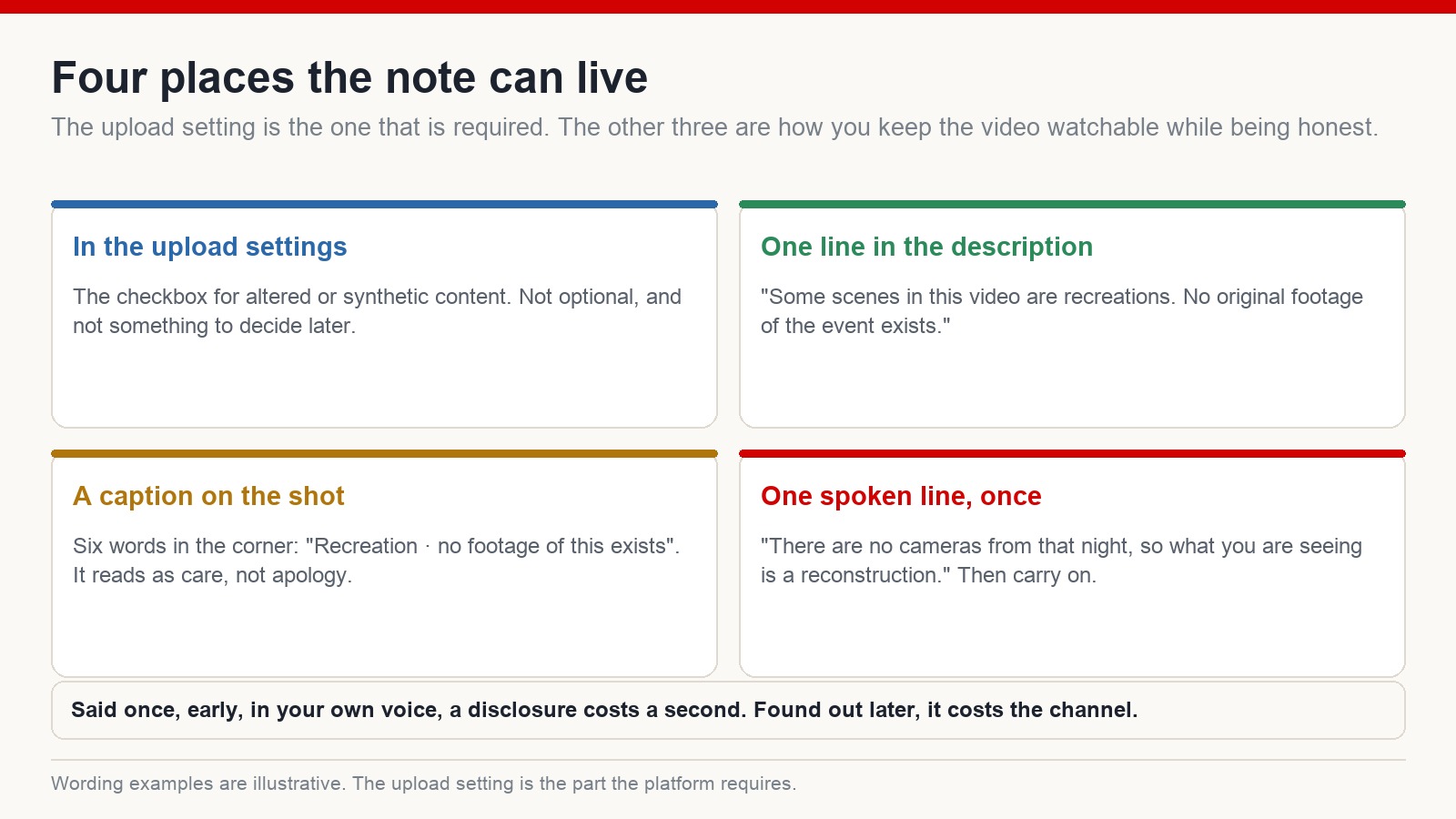 Four places a disclosure can live - the upload setting, a line in the description, a caption on the shot and one spoken line in the narration - with English wording examples