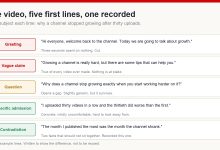 Five drafted first lines for the same video topic, from a greeting and a vague claim through a question to a specific admission and a contradiction, each with a short verdict
