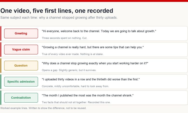Five drafted first lines for the same video topic, from a greeting and a vague claim through a question to a specific admission and a contradiction, each with a short verdict