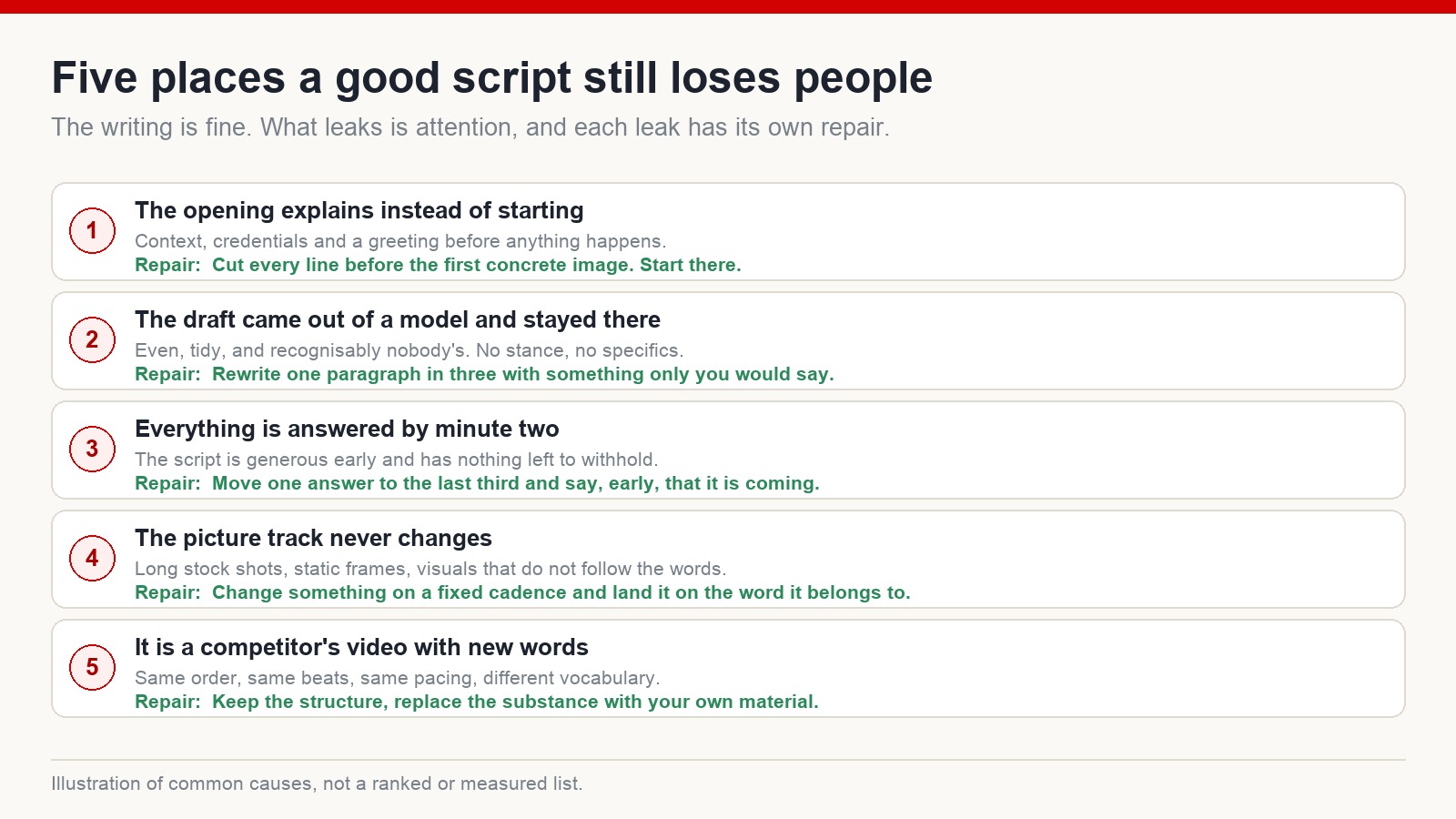 Five common attention leaks in a well-written YouTube script, each with the symptom and the specific repair