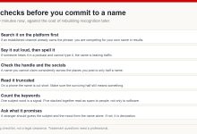 Six checks to run before committing to a channel name - platform search, saying it out loud, handle availability, truncation, keyword count and what it promises