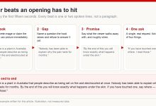 Four beats of a YouTube opening - hook, gap, promise and one ask - each with a worked English example line, and the whole opening read end to end