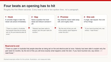 Four beats of a YouTube opening - hook, gap, promise and one ask - each with a worked English example line, and the whole opening read end to end