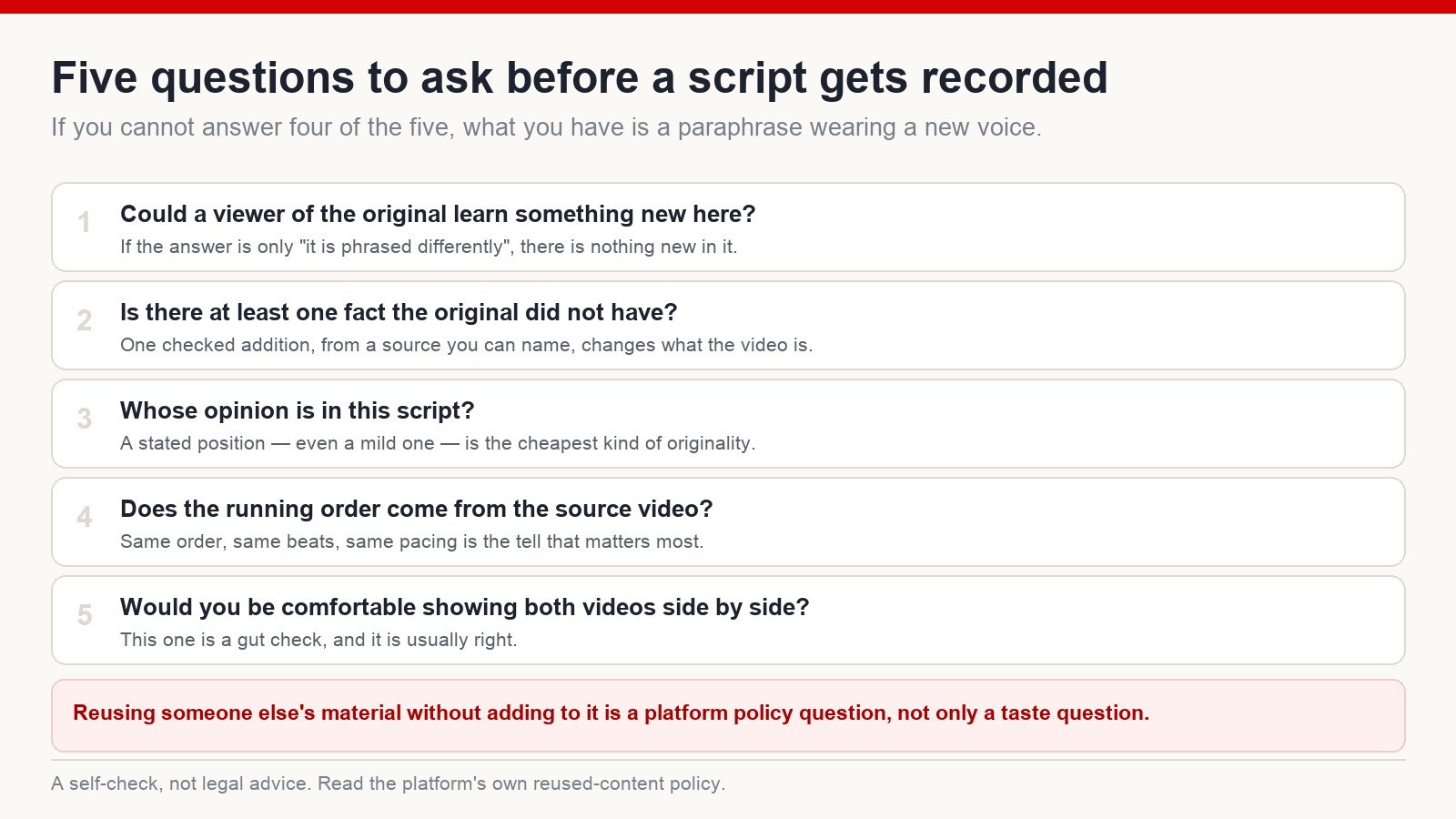 Five self-audit questions for a script - new information, a named source, a stated opinion, an independent running order, and the side-by-side comfort test
