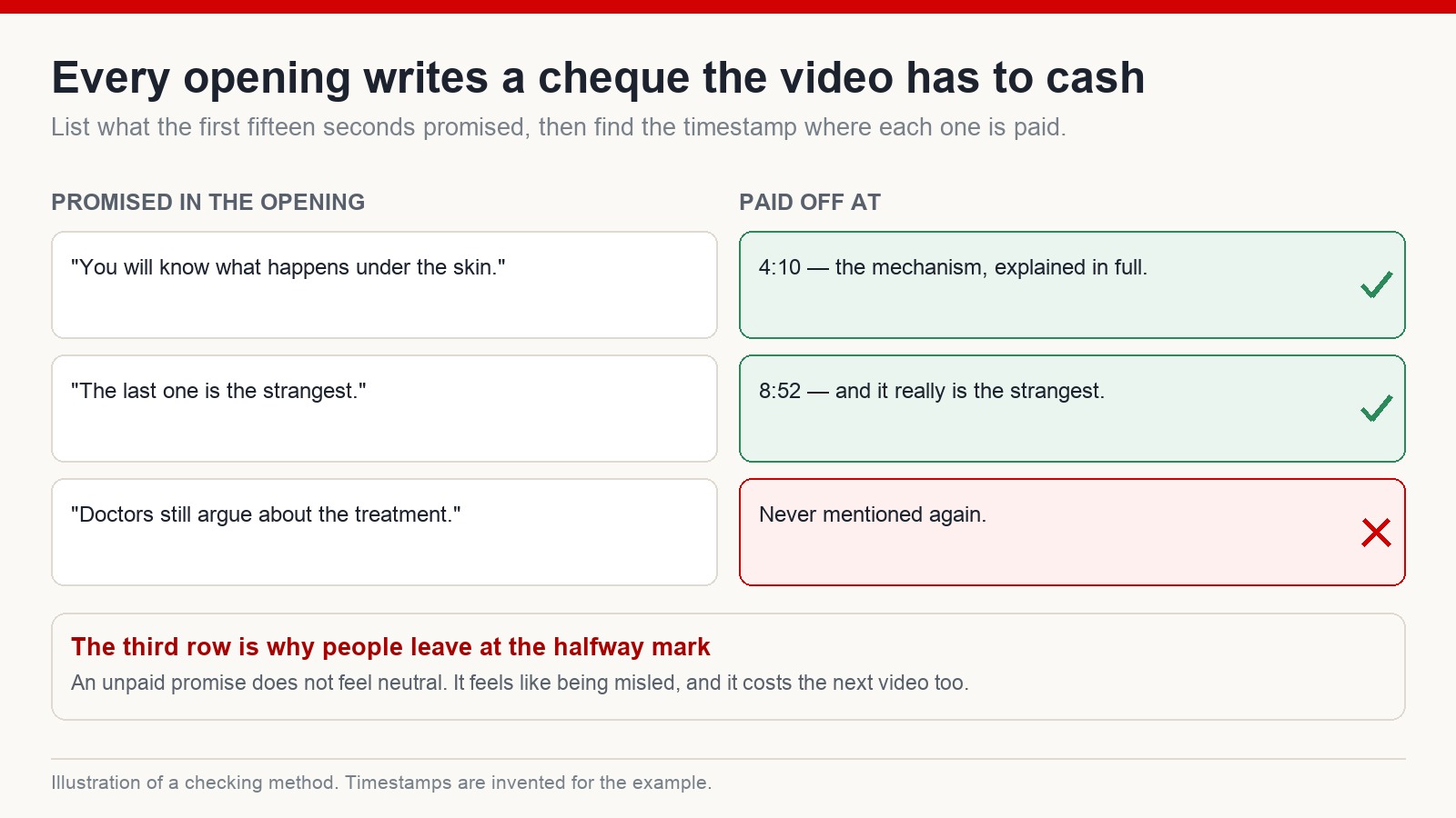 Two-column ledger listing what a video opening promised against where each promise is paid off, with one promise never mentioned again