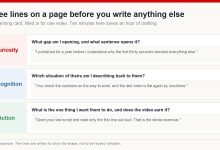 A three-line planning card filled in for one video, with the curiosity, recognition and action questions and a worked English example line under each