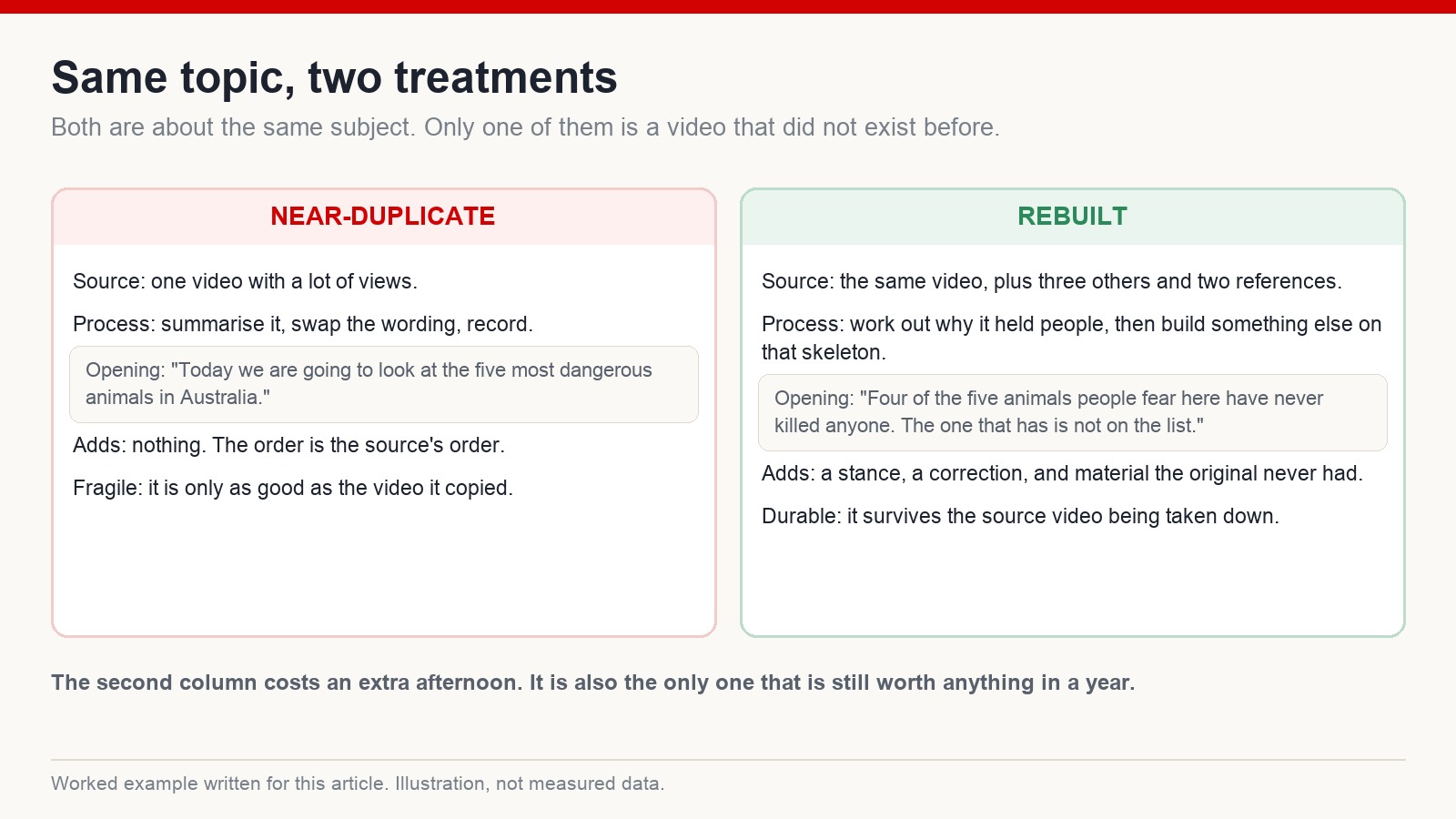 Side-by-side comparison of a near-duplicate script and a rebuilt script on the same topic, including the opening line each one uses