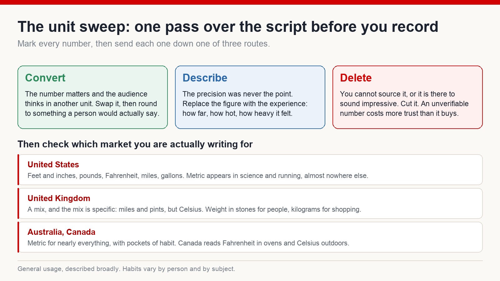The unit sweep before recording - three routes for every number in a script, convert, describe or delete, plus how measurement habits differ across the US, UK, Australia and Canada