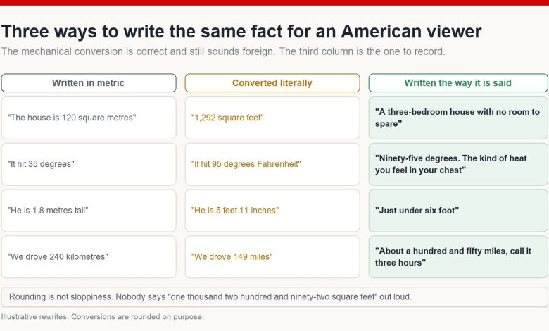 The same four facts written three ways - in metric, converted literally, and written the way an American would actually say them - showing why the literal conversion still sounds foreign