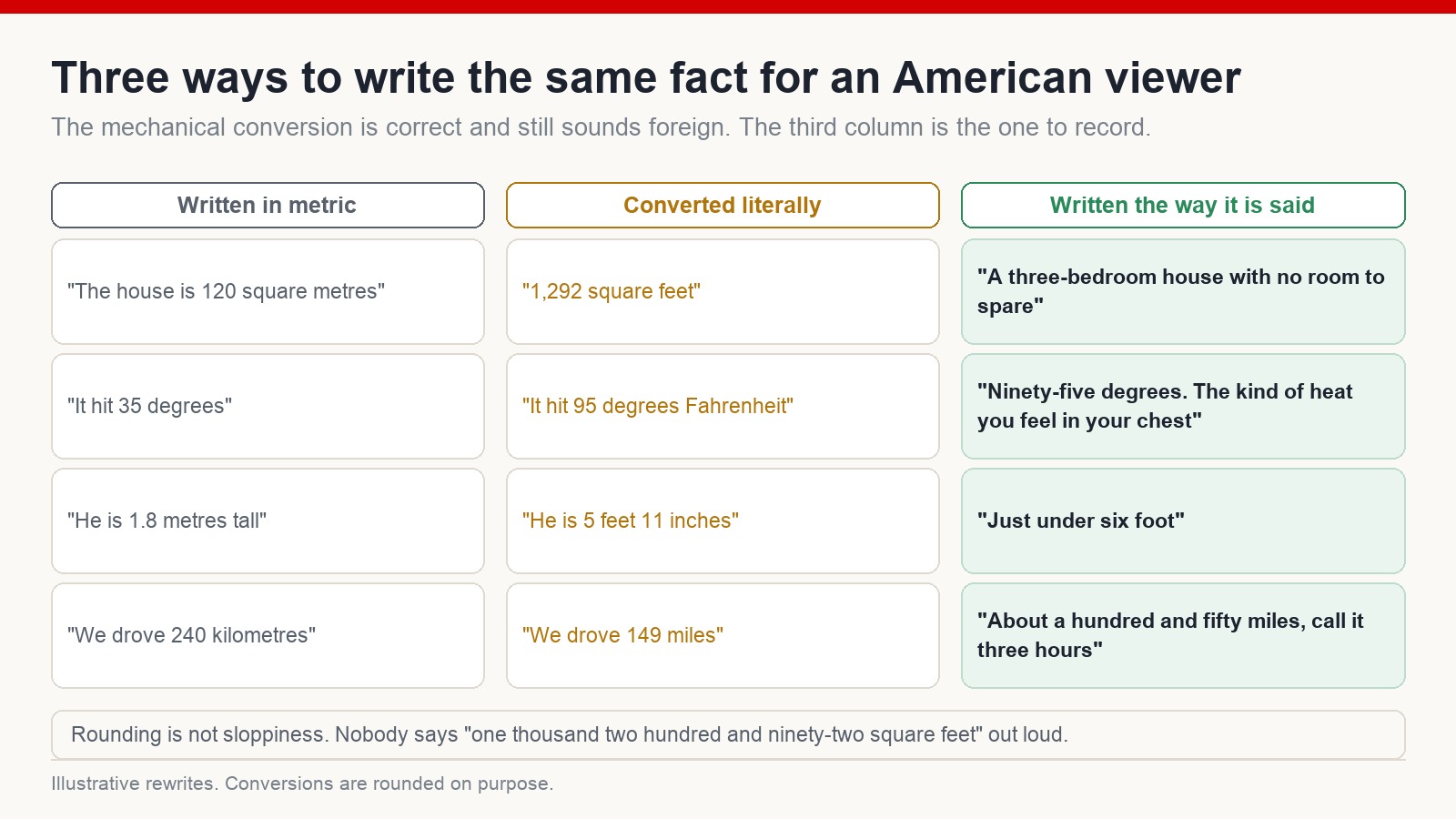 The same four facts written three ways - in metric, converted literally, and written the way an American would actually say them - showing why the literal conversion still sounds foreign