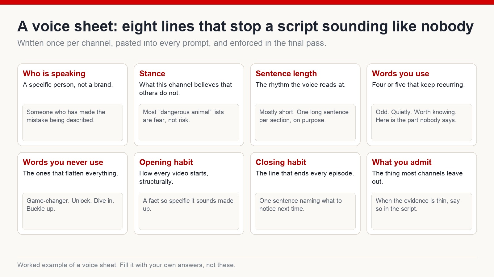 Eight-field voice sheet for a channel - speaker, stance, sentence length, recurring words, banned words, opening habit, closing habit and what the channel admits