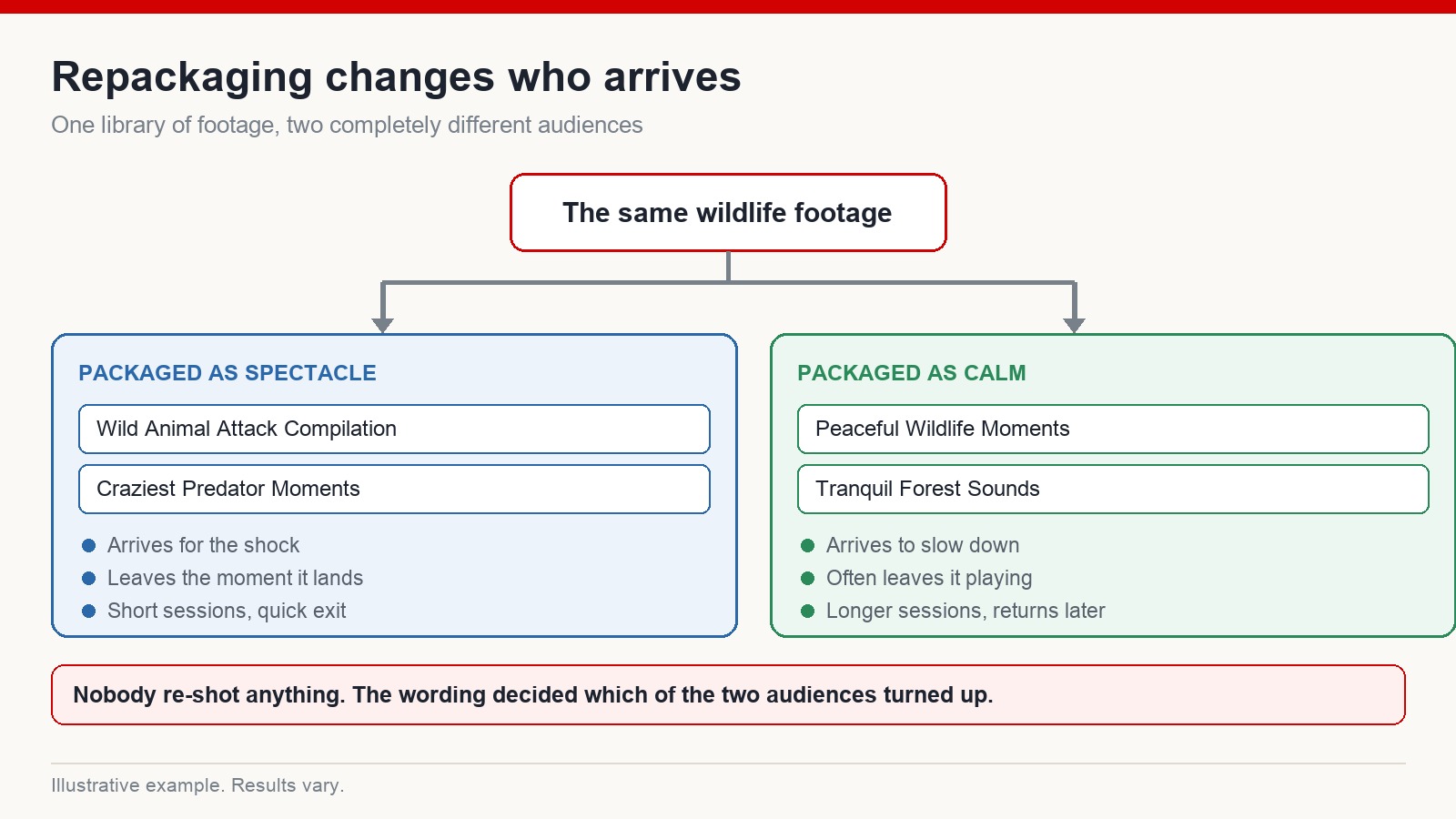 Diagram showing the same wildlife footage packaged as spectacle or as calm, attracting two completely different audiences