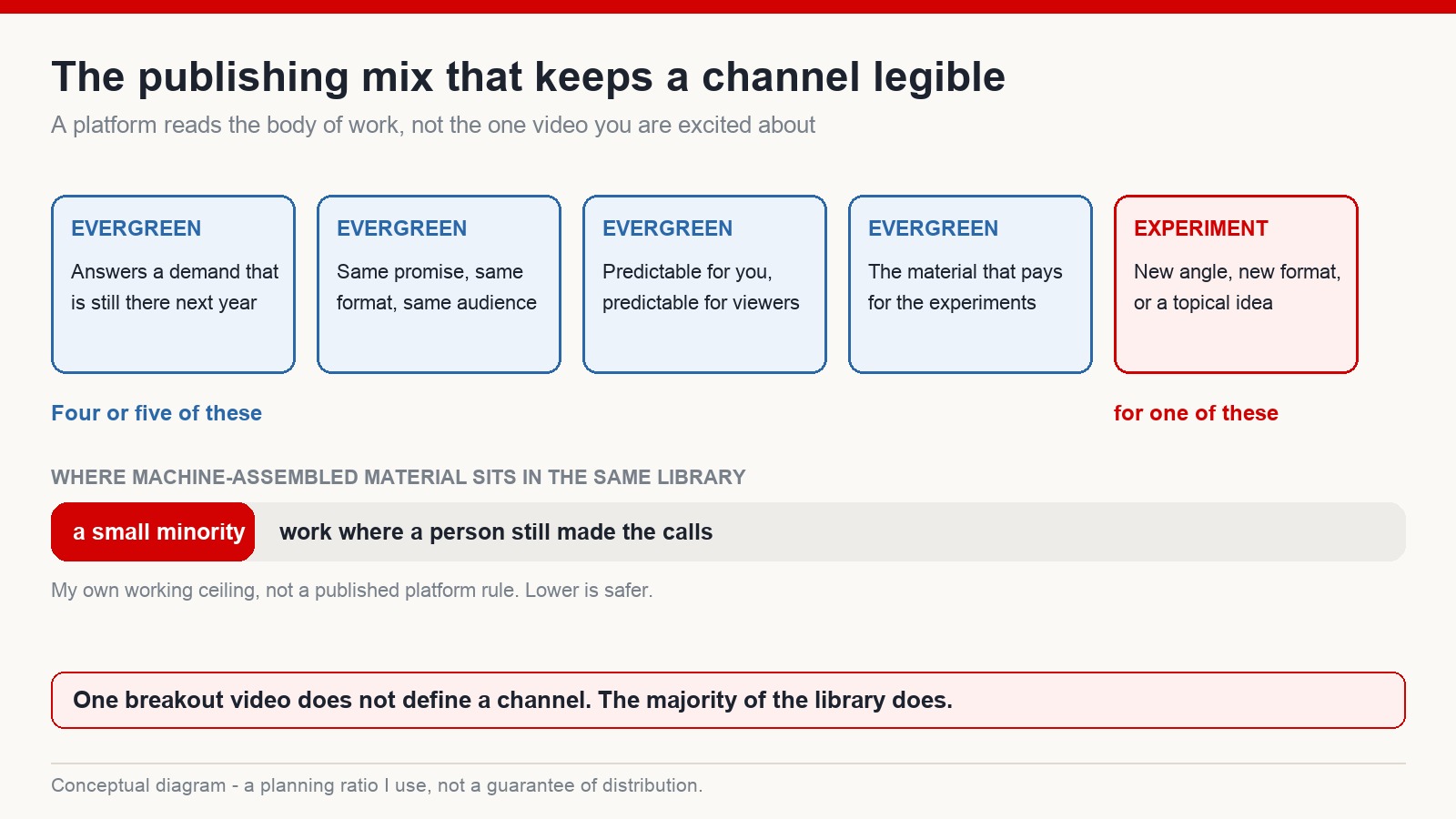 Diagram of a publishing mix: four evergreen videos for every experimental one, with machine-assembled material kept to a small minority of the library