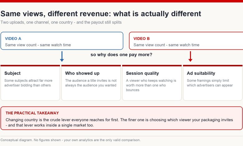 Diagram explaining why two videos with the same views and watch time can return different revenue: subject, who showed up, session quality and ad suitability