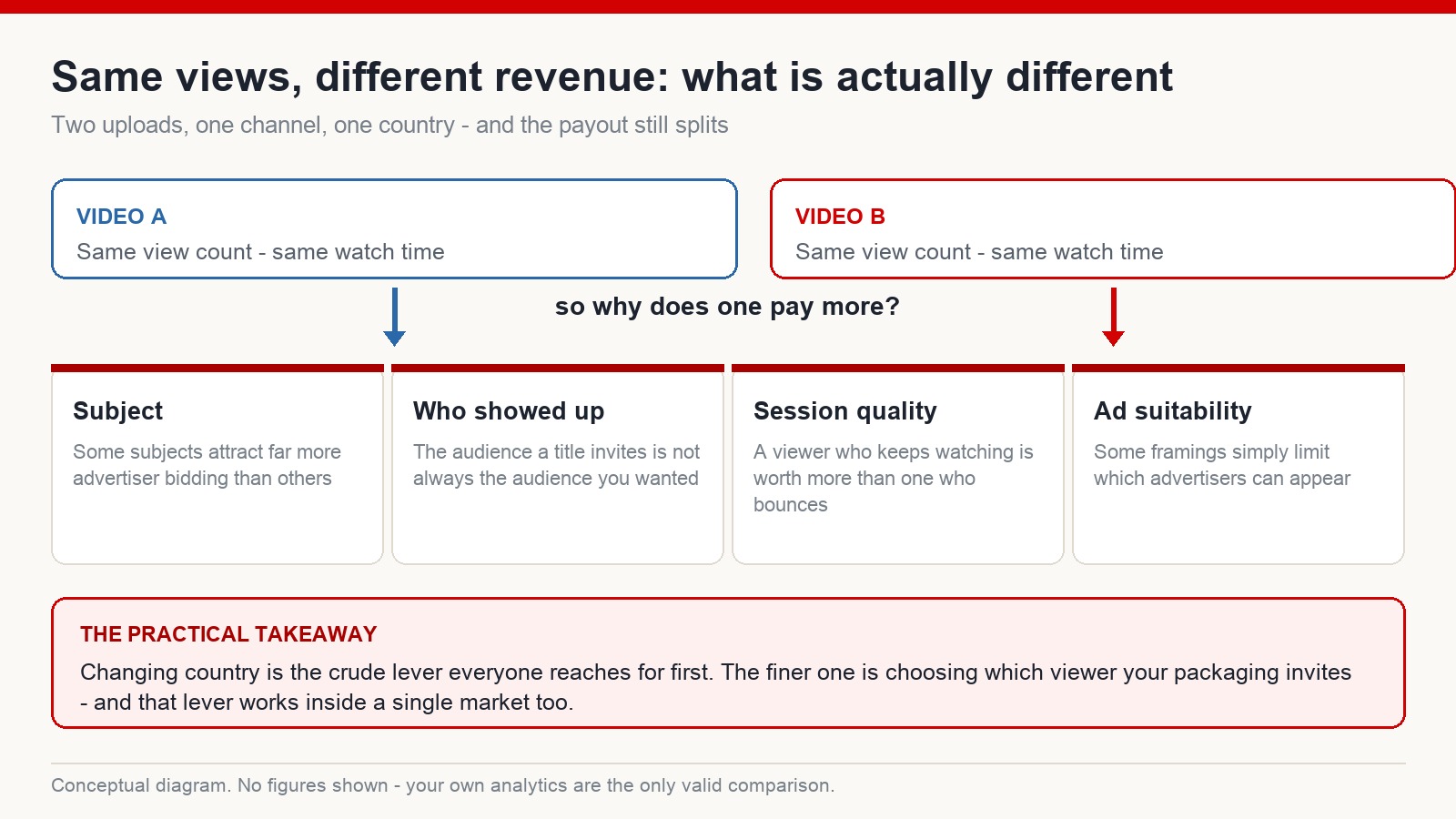 Diagram explaining why two videos with the same views and watch time can return different revenue: subject, who showed up, session quality and ad suitability