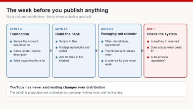 Four-block plan for the week before publishing: foundation and channel identity, building a bank of finished videos, packaging and schedule, then a systems check
