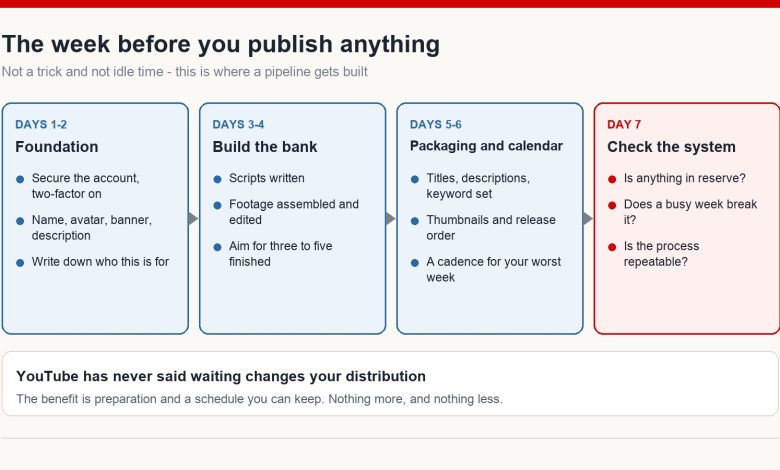 Four-block plan for the week before publishing: foundation and channel identity, building a bank of finished videos, packaging and schedule, then a systems check