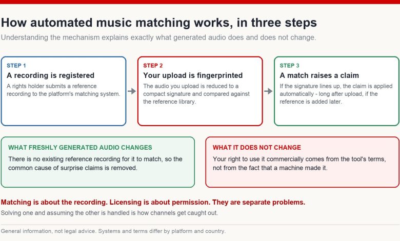 Three-step diagram of automated music matching: a reference recording is registered, your upload is fingerprinted, and a match automatically raises a claim