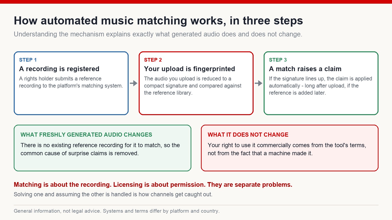 Three-step diagram of automated music matching: a reference recording is registered, your upload is fingerprinted, and a match automatically raises a claim