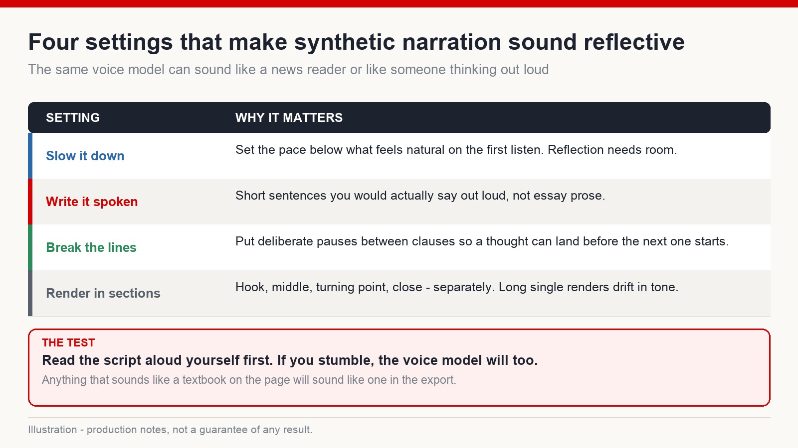 Table of four production settings that make synthetic narration sound reflective, with the reason each one matters