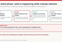 Four-stage diagram of the silent phase: publishing consistently, small test audiences, signals accumulating, the right viewers surfacing