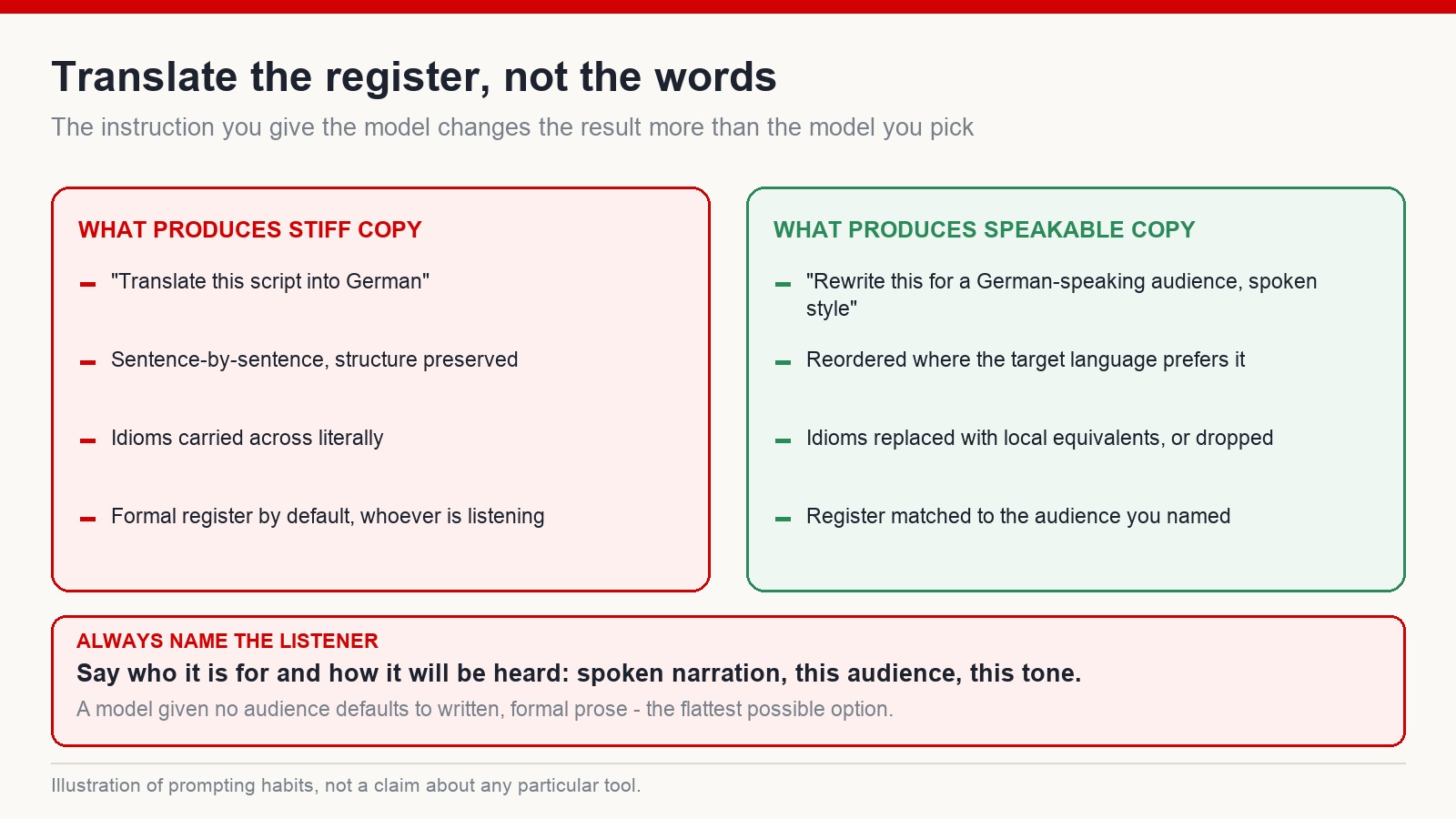 Comparison of instructions that produce stiff translated copy versus instructions that produce natural spoken copy