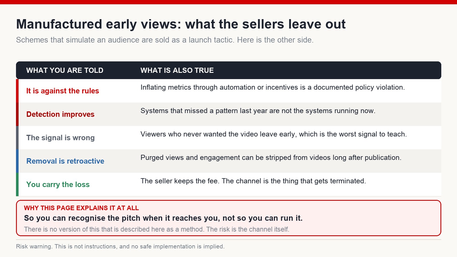 Risk table listing what sellers of manufactured view services do not mention: policy violation, improving detection, wrong signal, retroactive removal