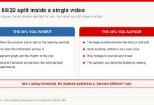 Two-column diagram splitting a video into the 80 percent of structure inherited from a proven format and the 20 percent the creator authors