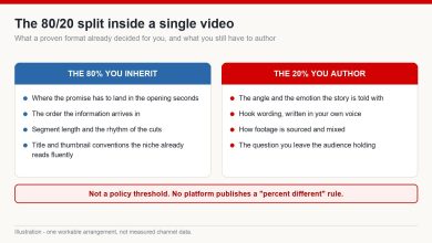Two-column diagram splitting a video into the 80 percent of structure inherited from a proven format and the 20 percent the creator authors
