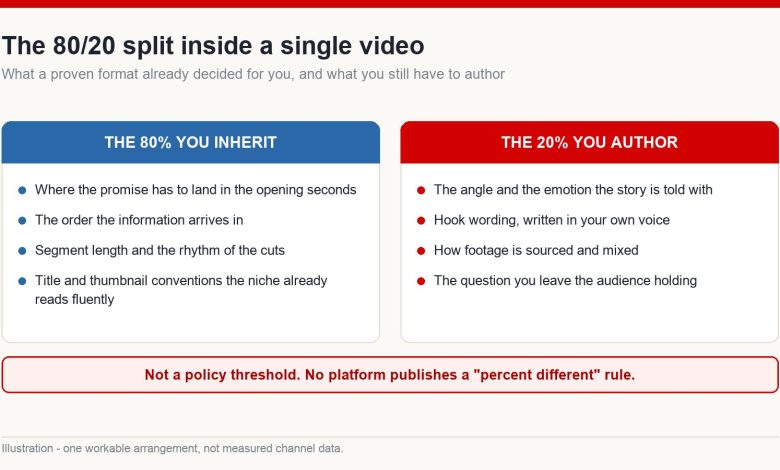 Two-column diagram splitting a video into the 80 percent of structure inherited from a proven format and the 20 percent the creator authors