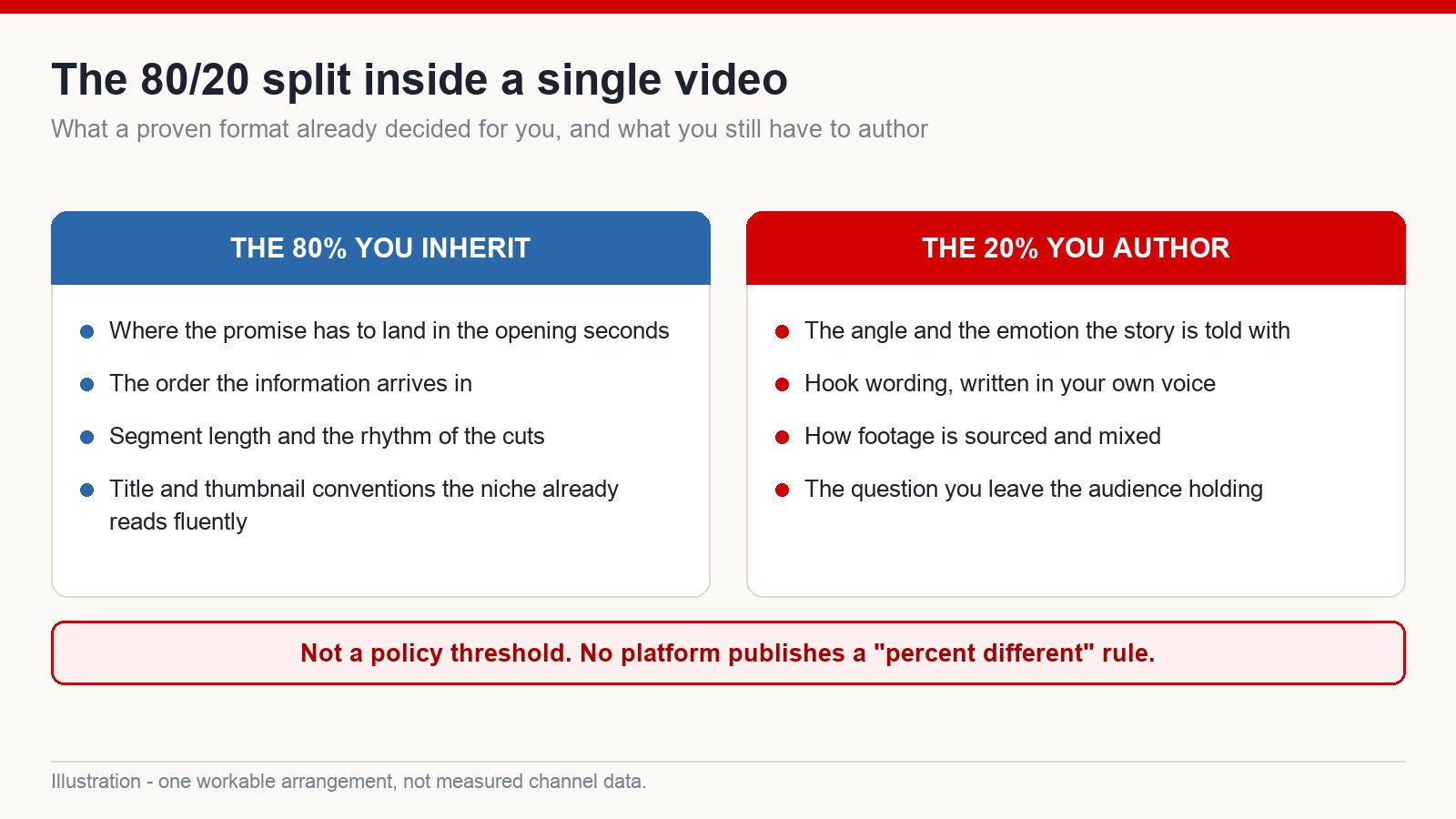 Two-column diagram splitting a video into the 80 percent of structure inherited from a proven format and the 20 percent the creator authors