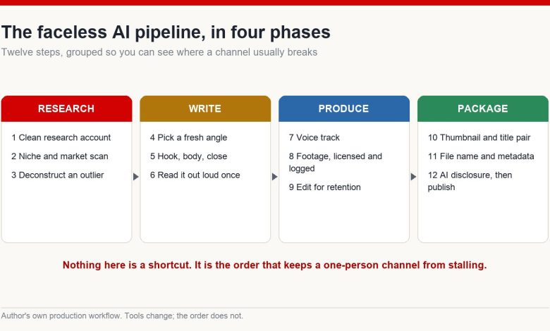 Four-phase diagram of a faceless AI video workflow - research, write, produce and package - with three numbered steps inside each phase