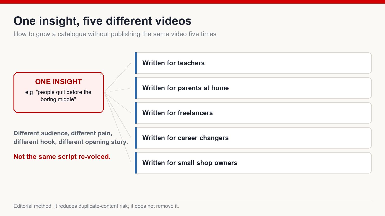 Diagram showing one insight split into five different videos, each written for a different audience: teachers, parents at home, freelancers, career changers and small shop owners