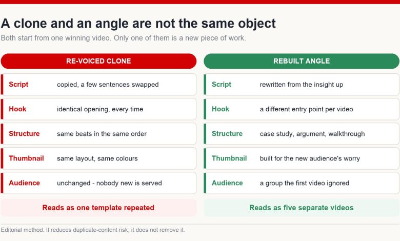 Side-by-side comparison of a re-voiced clone and a rebuilt angle across script, hook, structure, thumbnail and audience