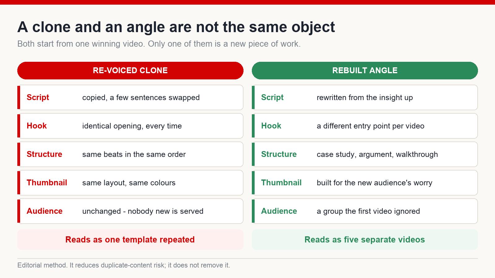 Side-by-side comparison of a re-voiced clone and a rebuilt angle across script, hook, structure, thumbnail and audience