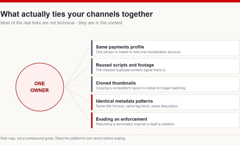 Diagram showing what links multiple channels to one owner: shared payments profile, reused scripts and footage, cloned thumbnails, identical metadata patterns and evading an enforcement