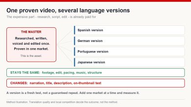 Diagram of a master video producing several language versions, listing what stays identical and what has to change