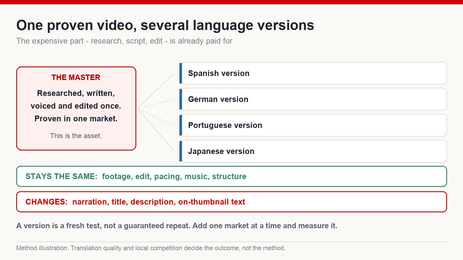 Diagram of a master video producing several language versions, listing what stays identical and what has to change