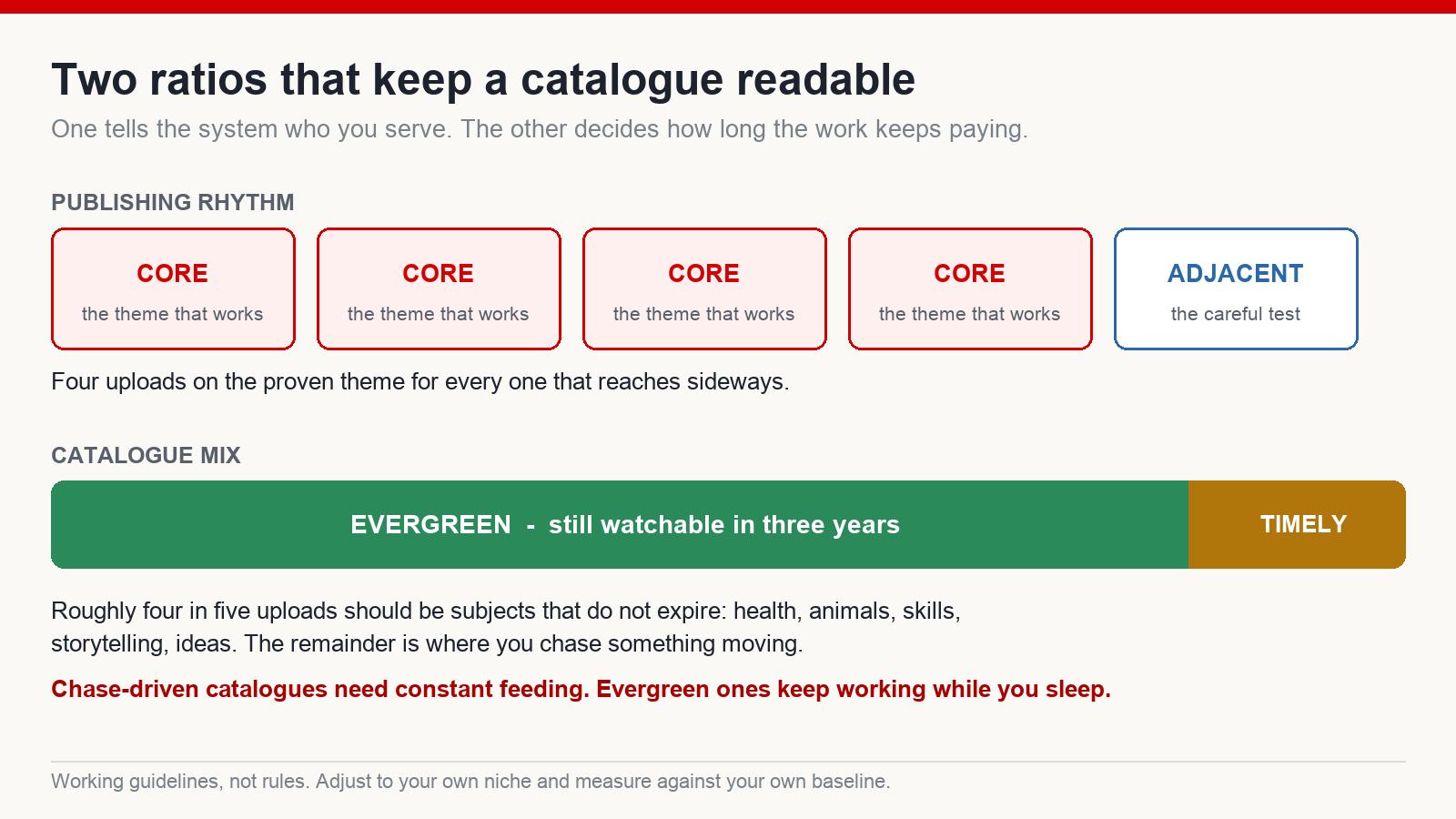 Diagram of two publishing ratios: four core uploads to one adjacent test, and a catalogue weighted towards evergreen rather than timely subjects