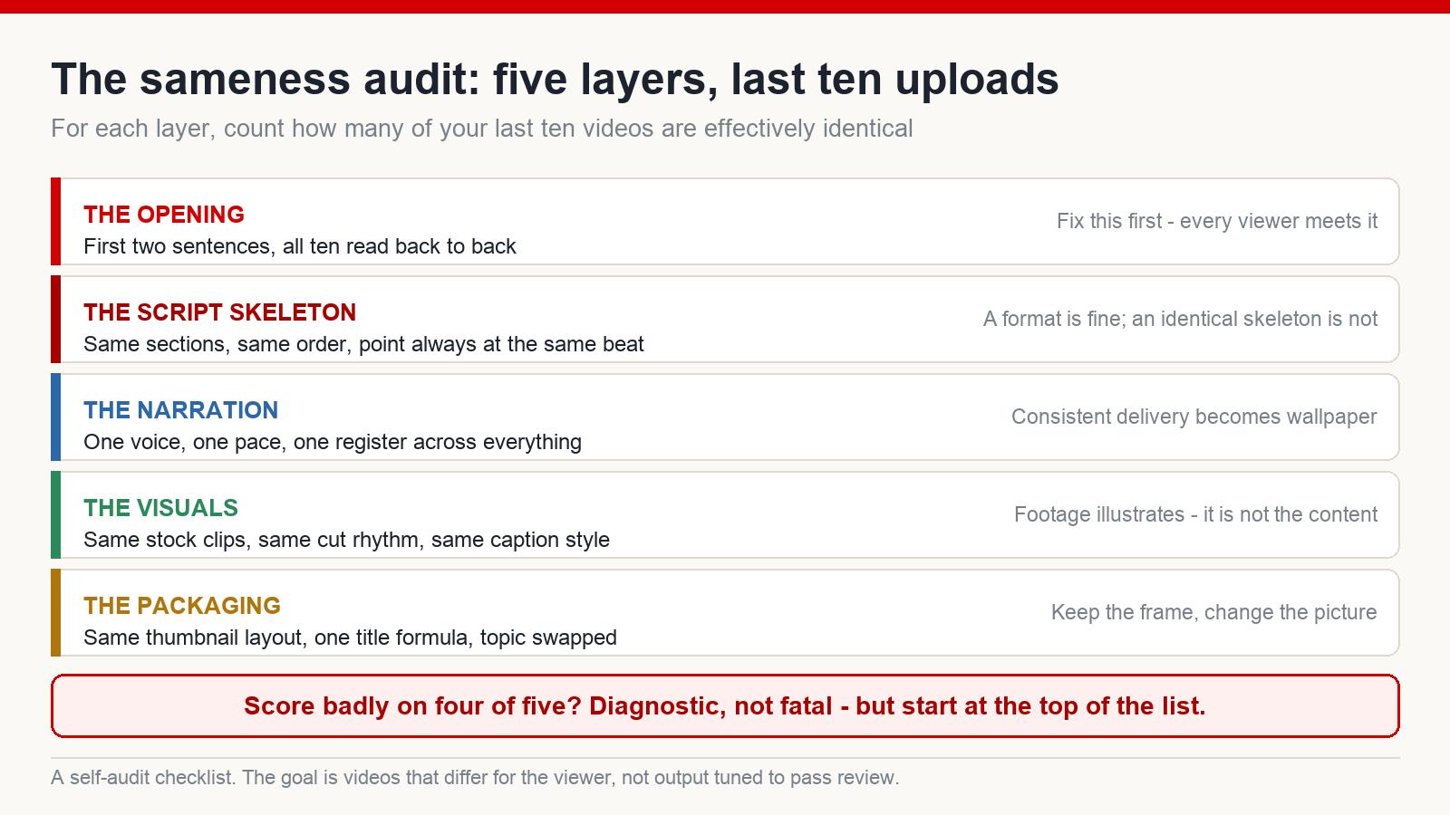 Five production layers - opening, script skeleton, narration, visuals and packaging - with a check for how many of the last ten uploads share each one