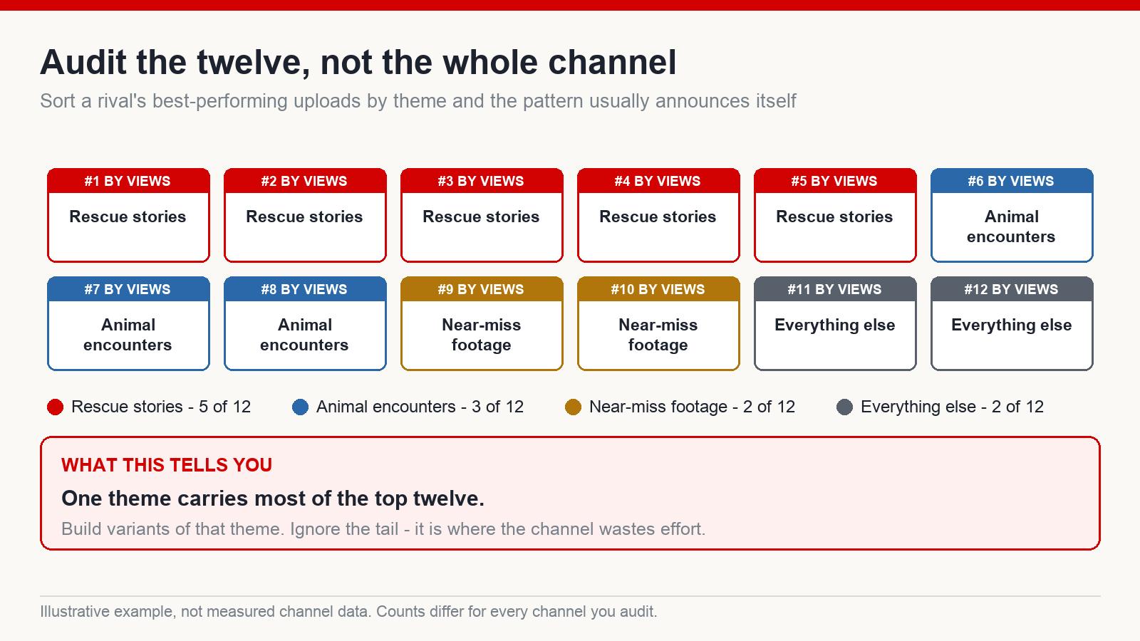 Twelve tiles representing a competitor's most-viewed videos, colour-coded by theme, showing one theme dominating the group