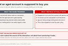 Two columns comparing what an aged account is promised to deliver against what the platform's fake engagement rule actually says