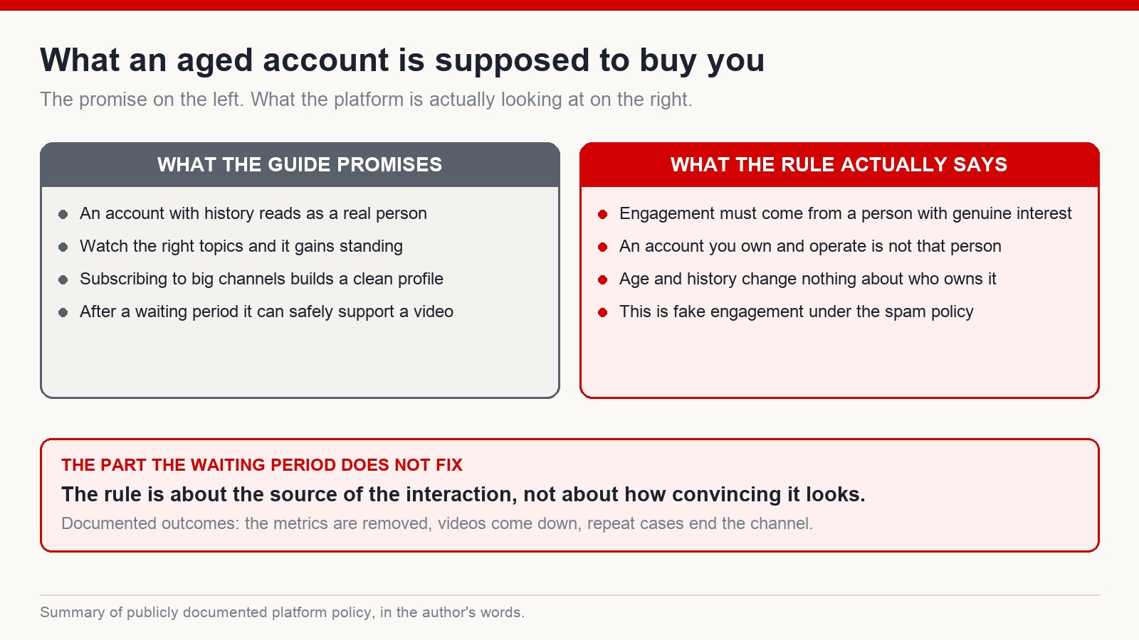 Two columns comparing what an aged account is promised to deliver against what the platform's fake engagement rule actually says