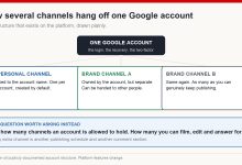 Diagram showing one Google account holding a personal channel and multiple brand channels beneath it